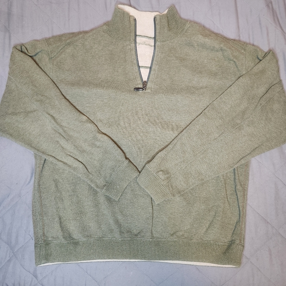Tommy Bahama Cotton Quarter Zip Sweater Olive‎ Green Men Mock Neck Long Sleeve